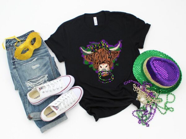 Mardi Gras Highland Cow Shirt, Fat Tuesday Sweatshirt, Fleur De Lis Shirt, New Orleans Shirt, Mardi Gras Bead Cow Shirt