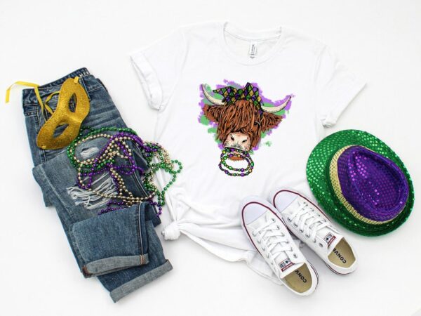 Mardi Gras Highland Cow Shirt, Fat Tuesday Sweatshirt, Fleur De Lis Shirt, New Orleans Shirt, Mardi Gras Bead Cow Shirt - Image 2