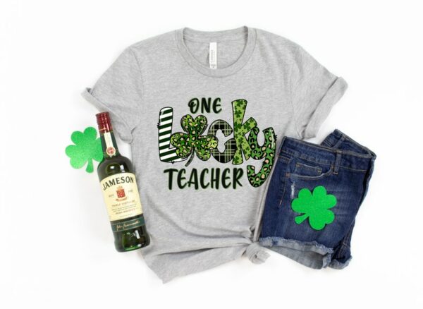 One Lucky Teacher St. Pattys Shirt, St. Patricks Day Teacher shirt, Irish Teacher shirt, Lucky Green Shamrock Teacher Shirt - Image 2